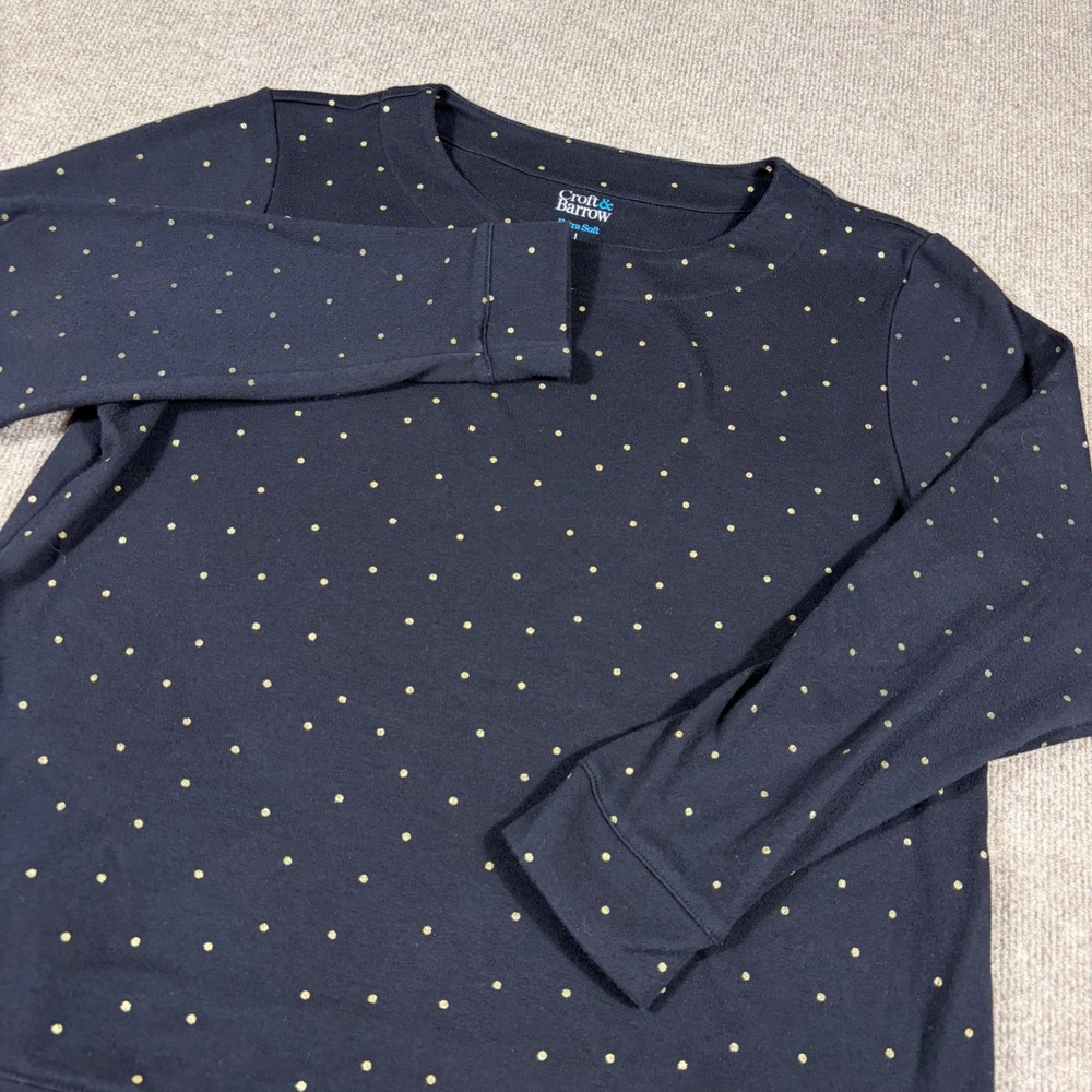 Croft & Barrow Womens Large Black Gold Polka Dot Extra Soft Long Sleeve Top
